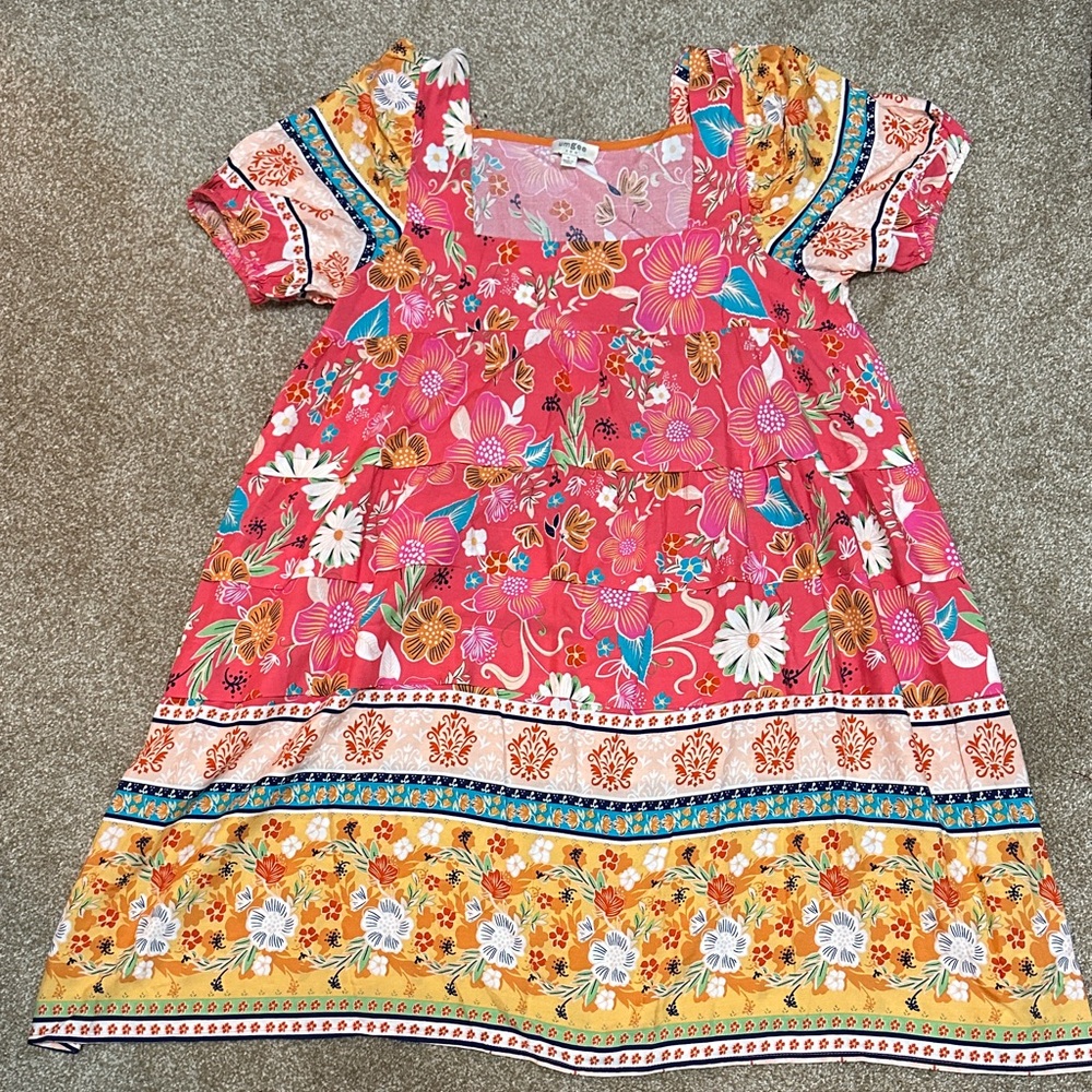 Umgee Pink Floral Dress with Orange Trim